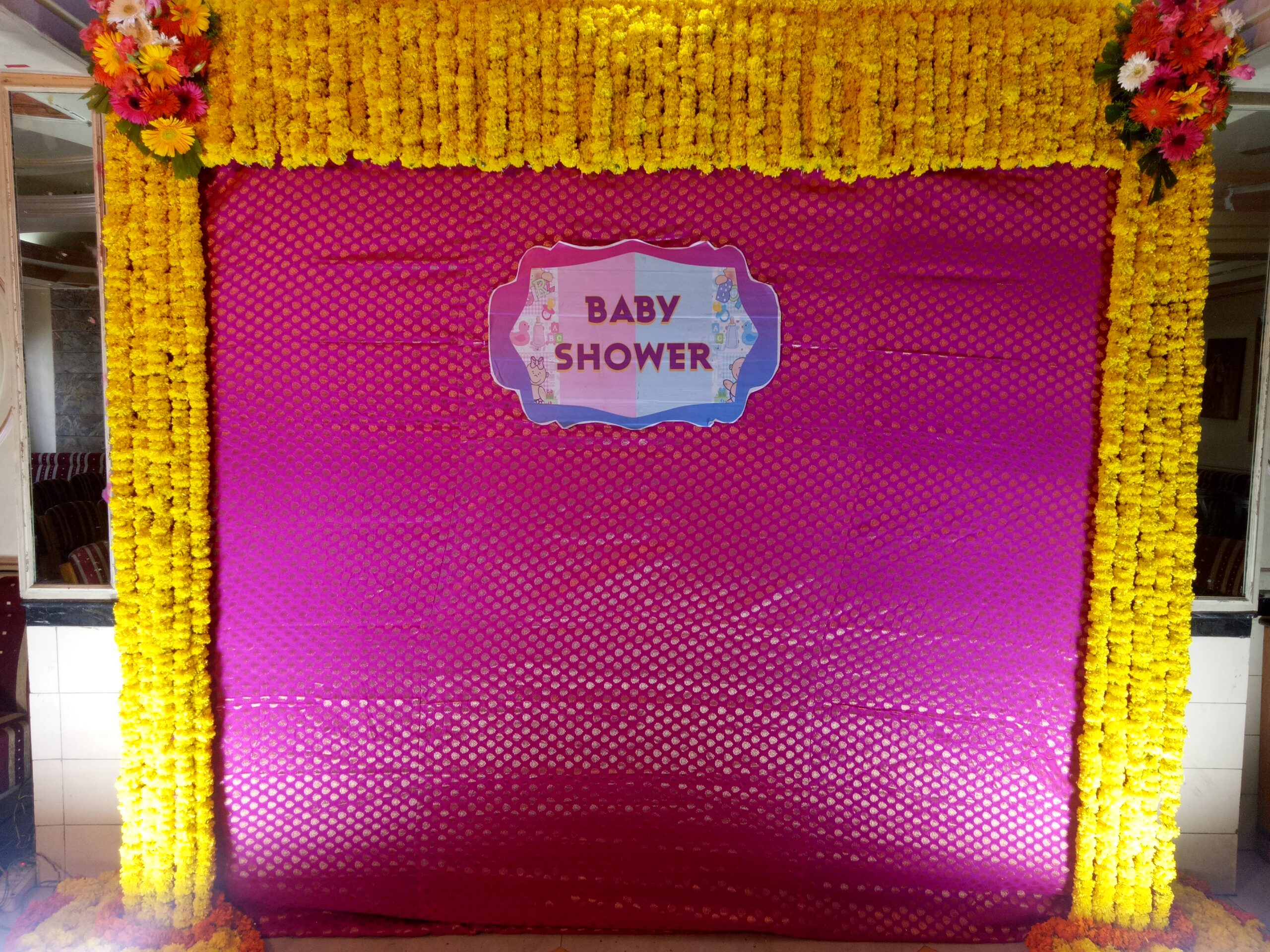 Mari gold flower decoration for baby shower,