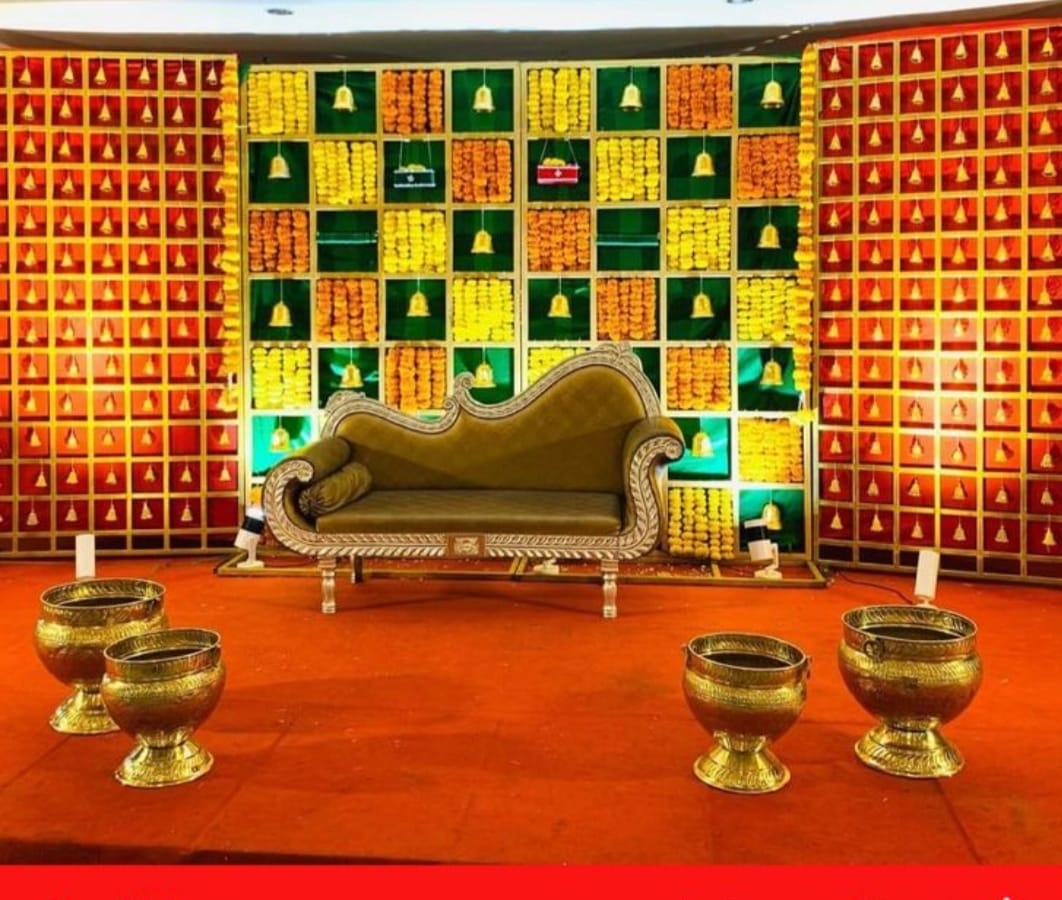 Premium Gold Backdrop with Yellow and Orange Marigold Decor
