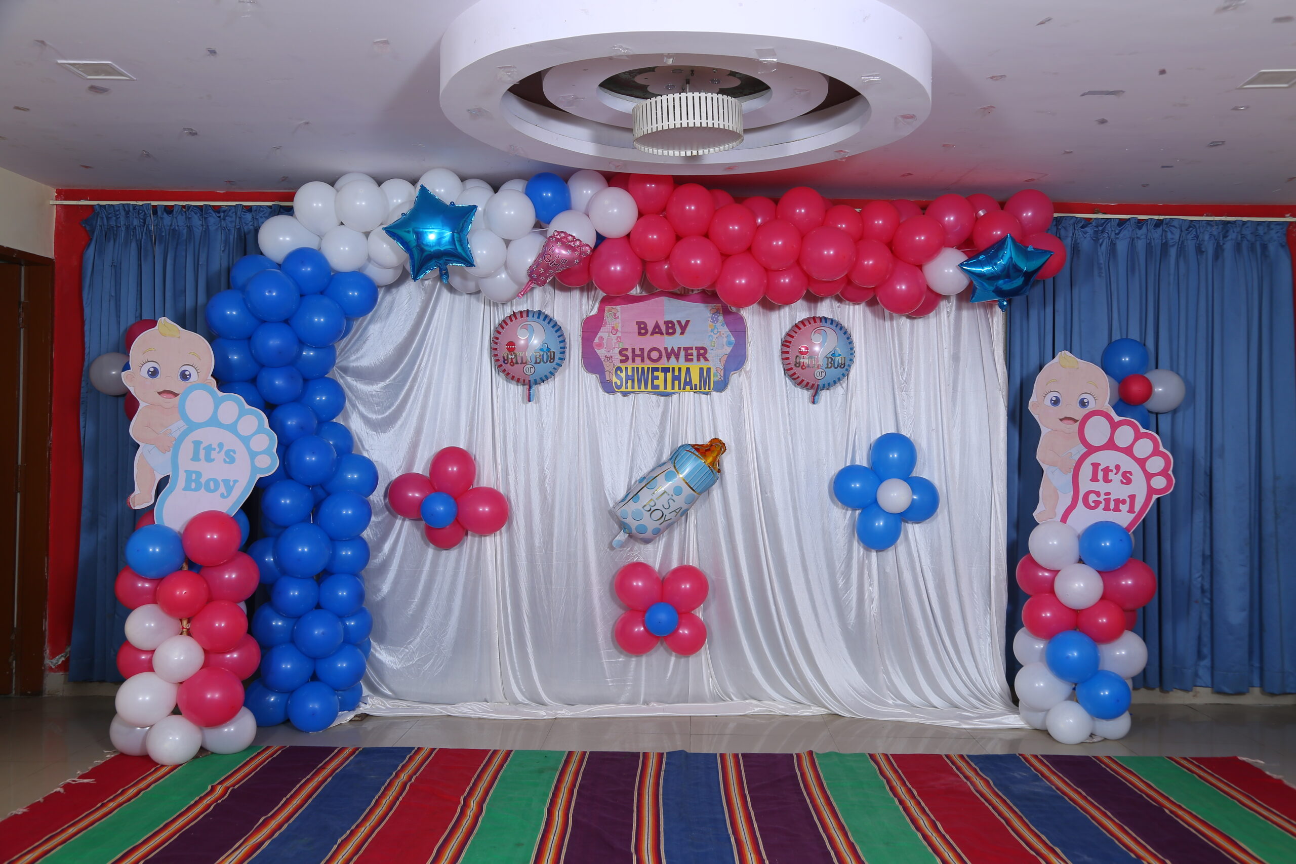 Pink, White and Blue Balloon Decoration for Baby Shower