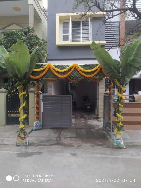 Orange and Yellow Marigold with Banana and Coconut leaves Decoration 8by 8ft