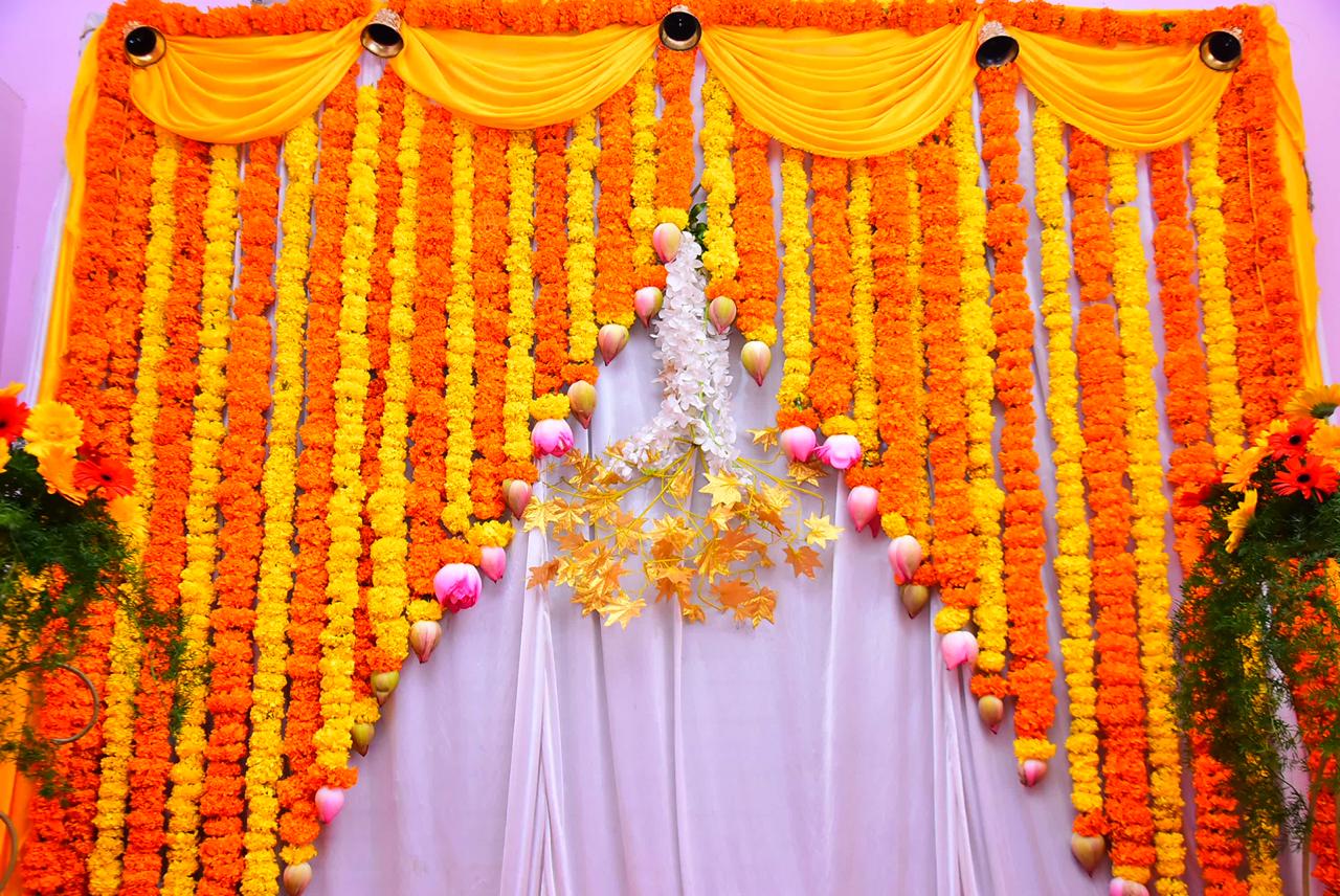 Yellow and Orange Marigold Haldi Decoration