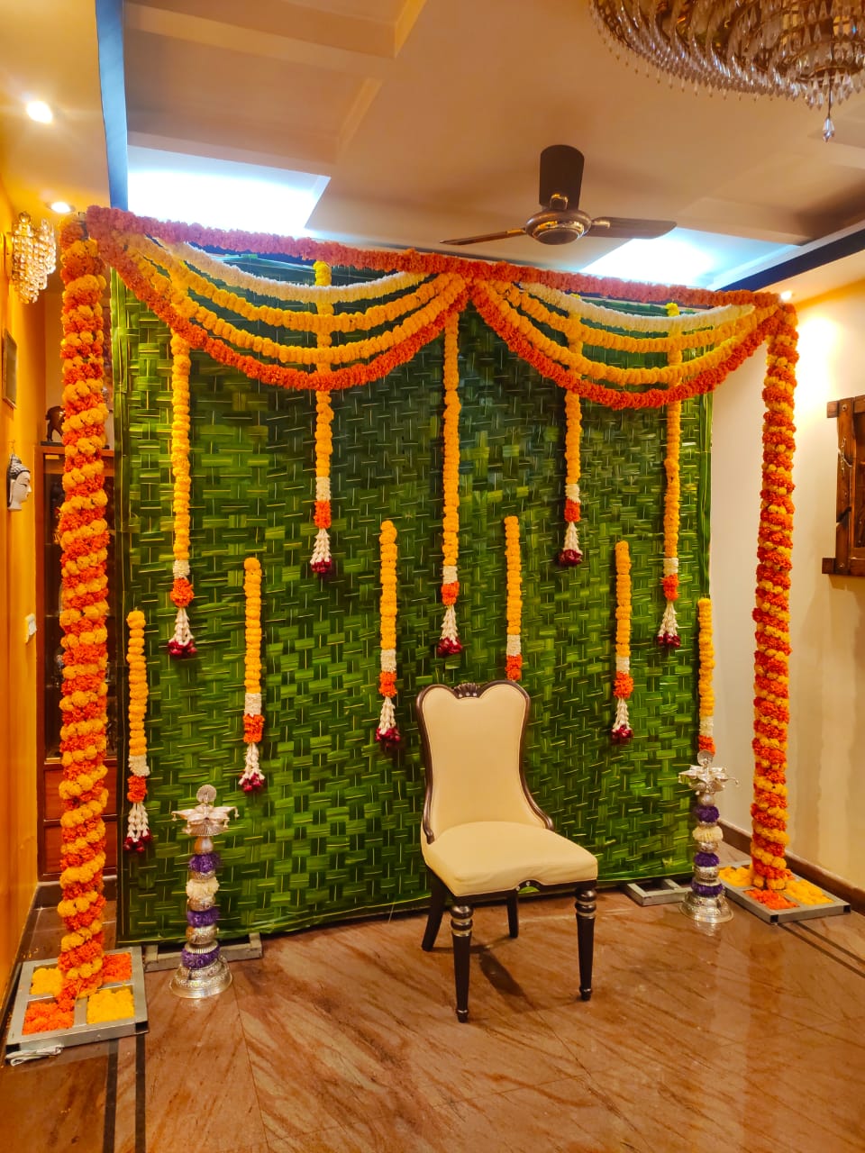 Yellow and Orange Marigold and Coconut Leaves Decoration